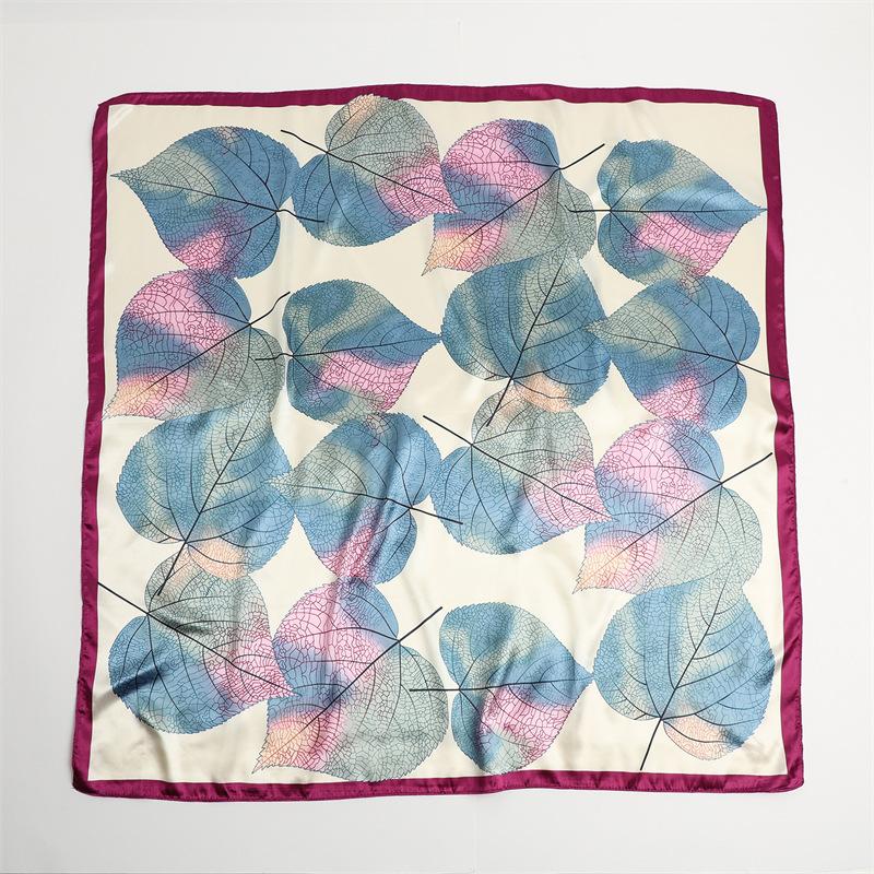 Elegant celebrity style leaf pattern printing large square scarf sunscreen silk scarf travel shawl versatile generous scarf 91cm