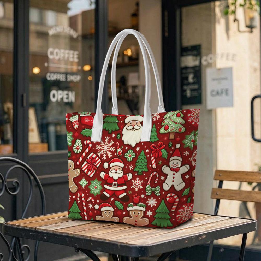Christmas Printed Tote Bag Casual Portable Handbag for Holiday Shopping Daily Use