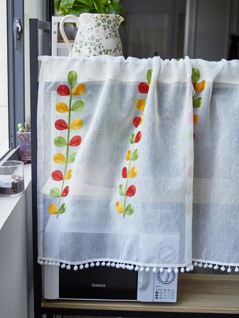 Leaves Short Sheer Tier Curtains Green Leaf Embroidery Kitchen Half Curtain Rod Pocket