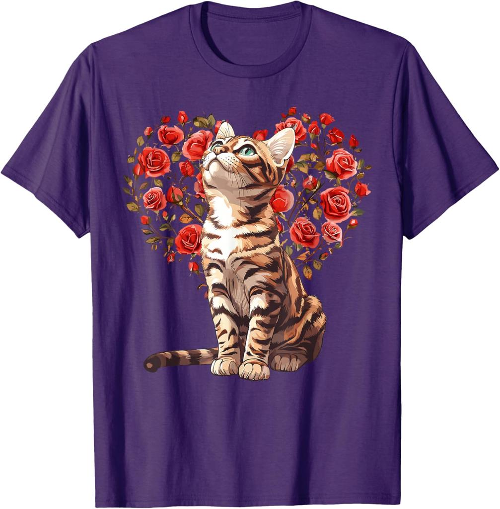 Bengal Cat Heart Rose Floral T-Shirt Cute Cat Lovers Casual Daily Graphic Tee