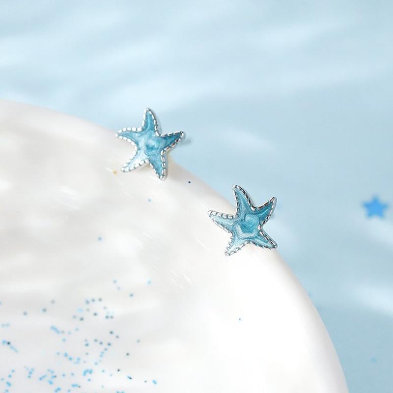 Silver Blue Starfish Mini Stud Earrings For Women Classic Fine Jewelry Light Accessories In Summer