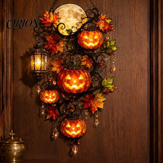 Pumpkin Moon Lantern Ornament Halloween Ornament, Acrylic Stained Glass Window Hanging Decor Decoration, Autumn Maple Leaf Suncatcher Pendant