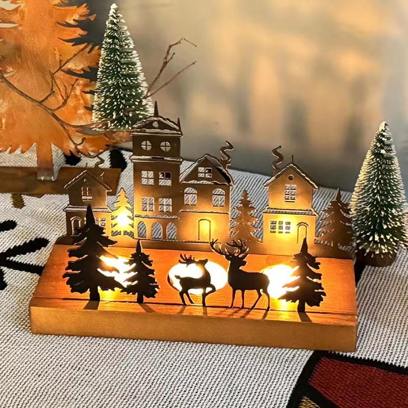 1PC Metal Rustic Wooden Holiday With Reindeer Design Festive Black Silhouette Candlesticks Desk Top Decor 2 Sizes