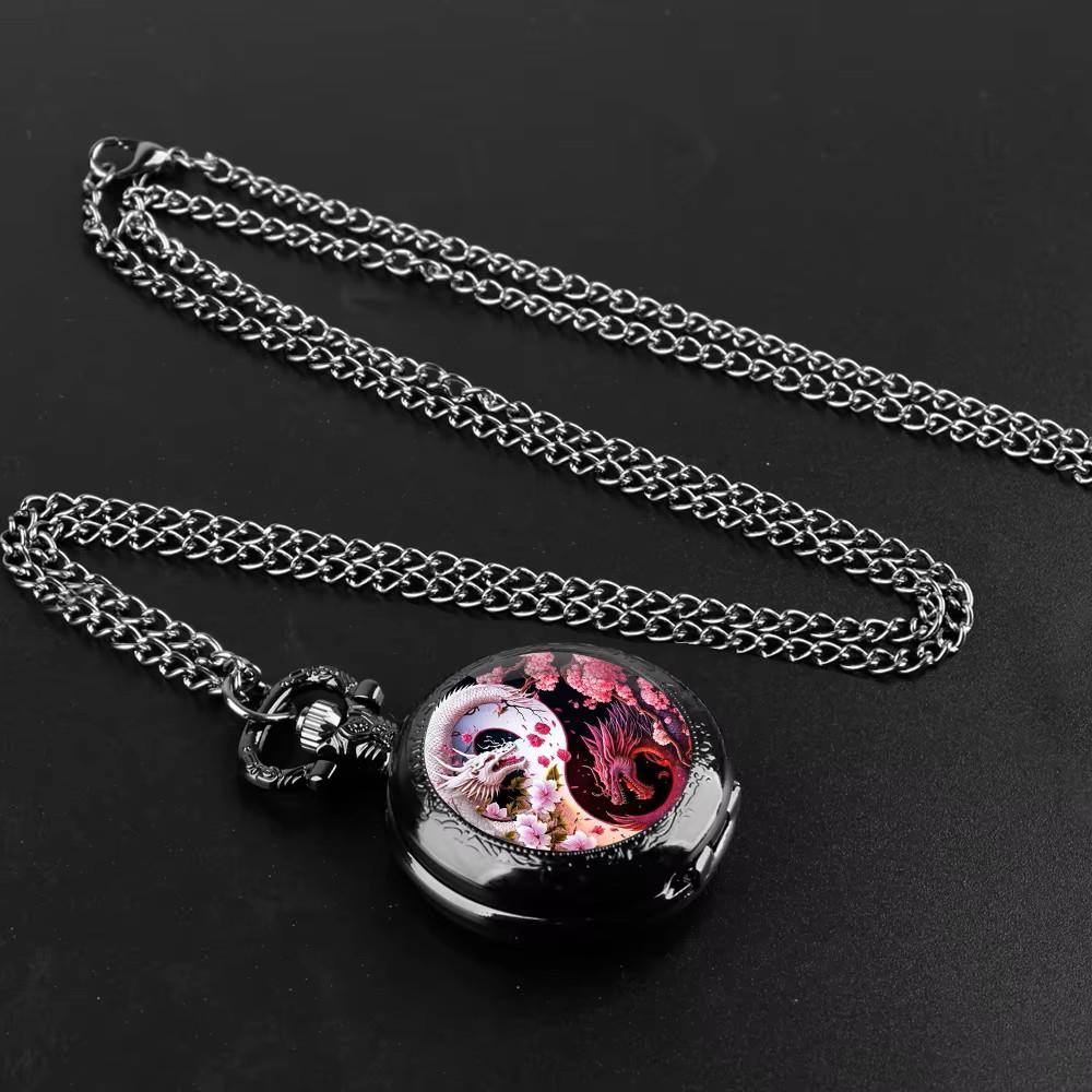 Vintage Retro White Pink Yin Yang Double Dragon Quartz Unisex Men Women Pocket Watch Quartz Necklace Pendant Clock Chain Classic Dial Jewelry Gift