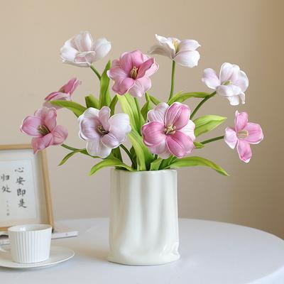Open Tulip Artificial Flower with Dual Leaves for Wedding Bouquet Home Decoration Floral Arrangement Wall Prop