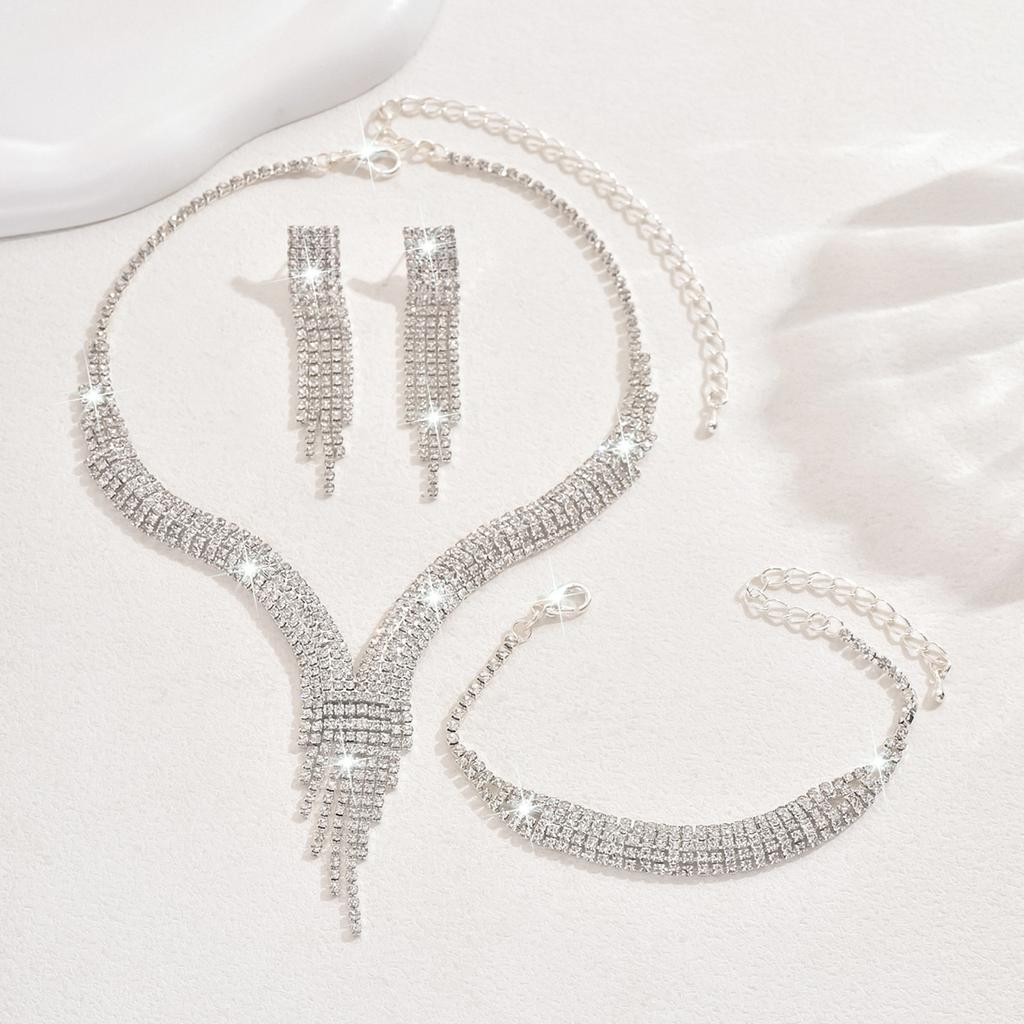 Design Sense Full Diamond Super Flash Tassel Necklace, Earrings, Bracelet Jewelry Set Bridal Jewelry Set