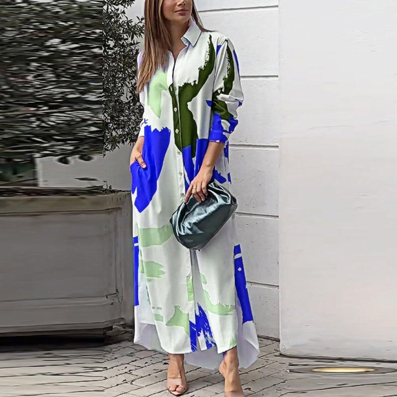 Mode Elegant Langarm Druck Langhemdkleid Lässig Locker Schlitz Revers Büro A-Linie Partykleider Taschen Frühling Herbst Einfache Kleidung