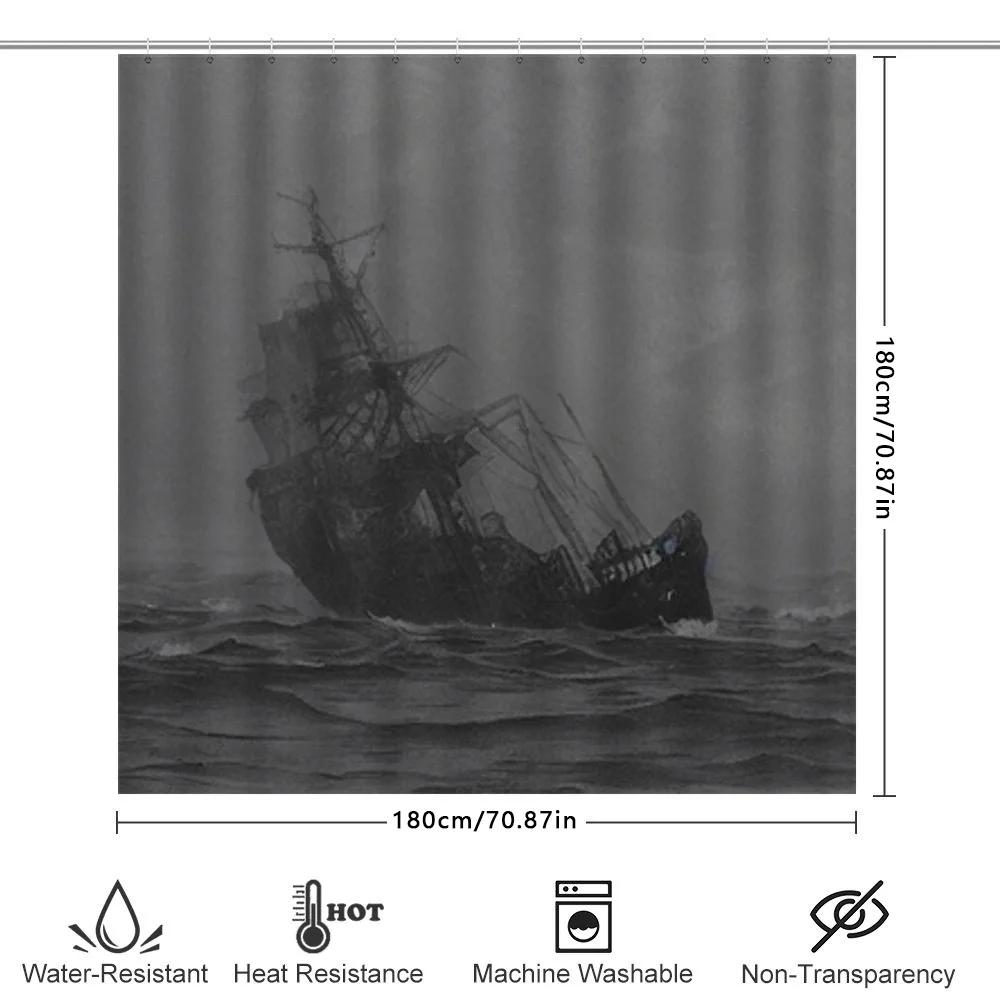 Duschvorhang Grau Piratenschiff Dunkle Fantasy Badezimmerdekoration Wasserdicht Heimdekoration Modern Weiß Badewannen-Set Badezimmer Duschvorhangstange