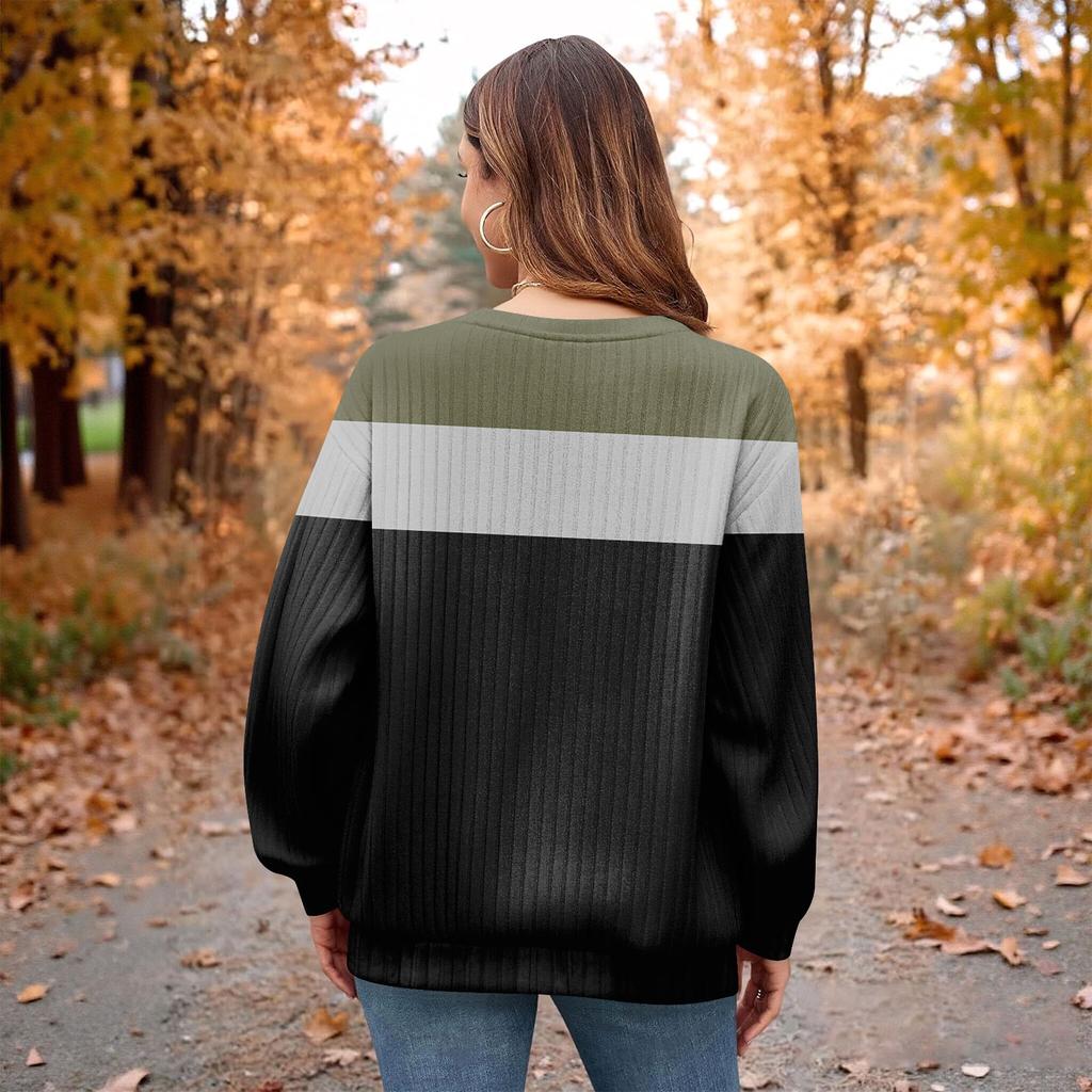 Women's Winter Color-Block Printed Lightweight Brushed-Cotton Round Neck Top