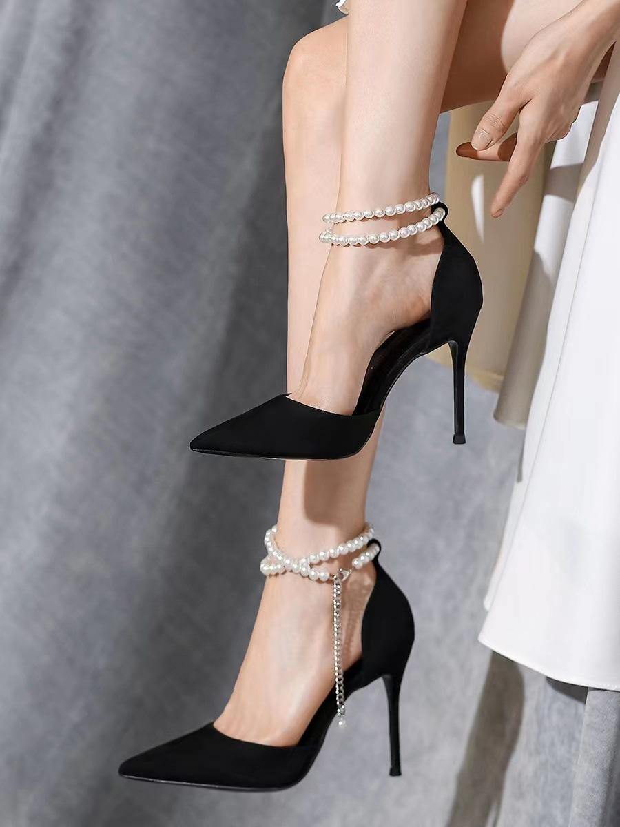 

2024 Лето Новые Туфли Подружки Невесты С Перл Бантом Черные Тонкие Туфли На Высоком Каблуке Элегантные Туфли Женские Остроконечные Туфли Женские Туфли 40