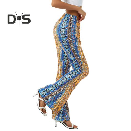 Damenhose im Ethno-Stil, Blumendruck, lange Schlaghose, Retro, hochelastisch, sexy Freizeithose, Streetwear