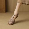 Krazing Pot Sheepskin Buckle Straps Round Toe Med Heels Autumn Summer Prints Leather Mary Janes Women Pumps