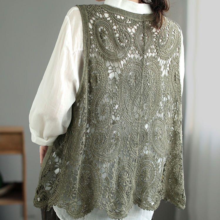 Bohemian Cotton Lace Cardigan Vest with Pockets and V-Neck