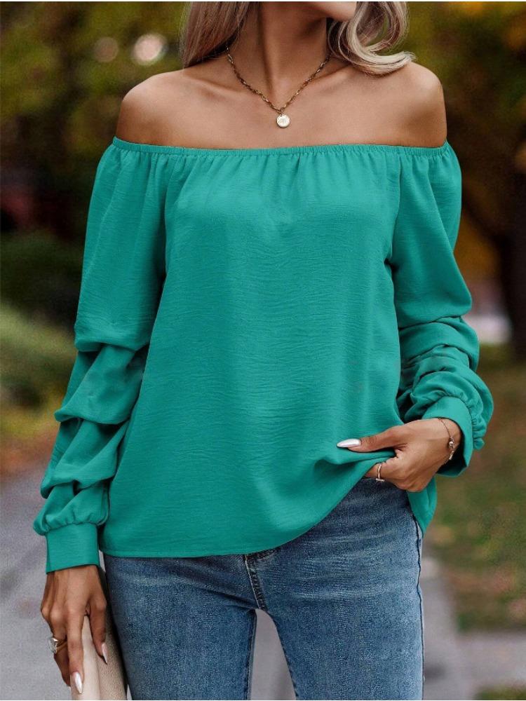 

Модные женские повседневные топы без бретелек с длинным рукавом и комковатыми рукавами, удобная и универсальная футболка для женщин, элегантная женская одежда XXL озеро синий