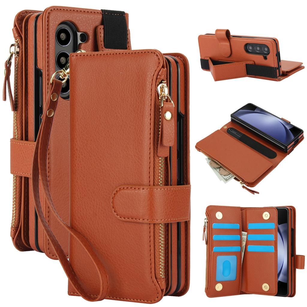 Crossbody Lanyard Leather Phone Case for Samsung Galaxy Z Fold 3 4 5 6 7 with Wristband Wallet Card Holder Protective Cover
