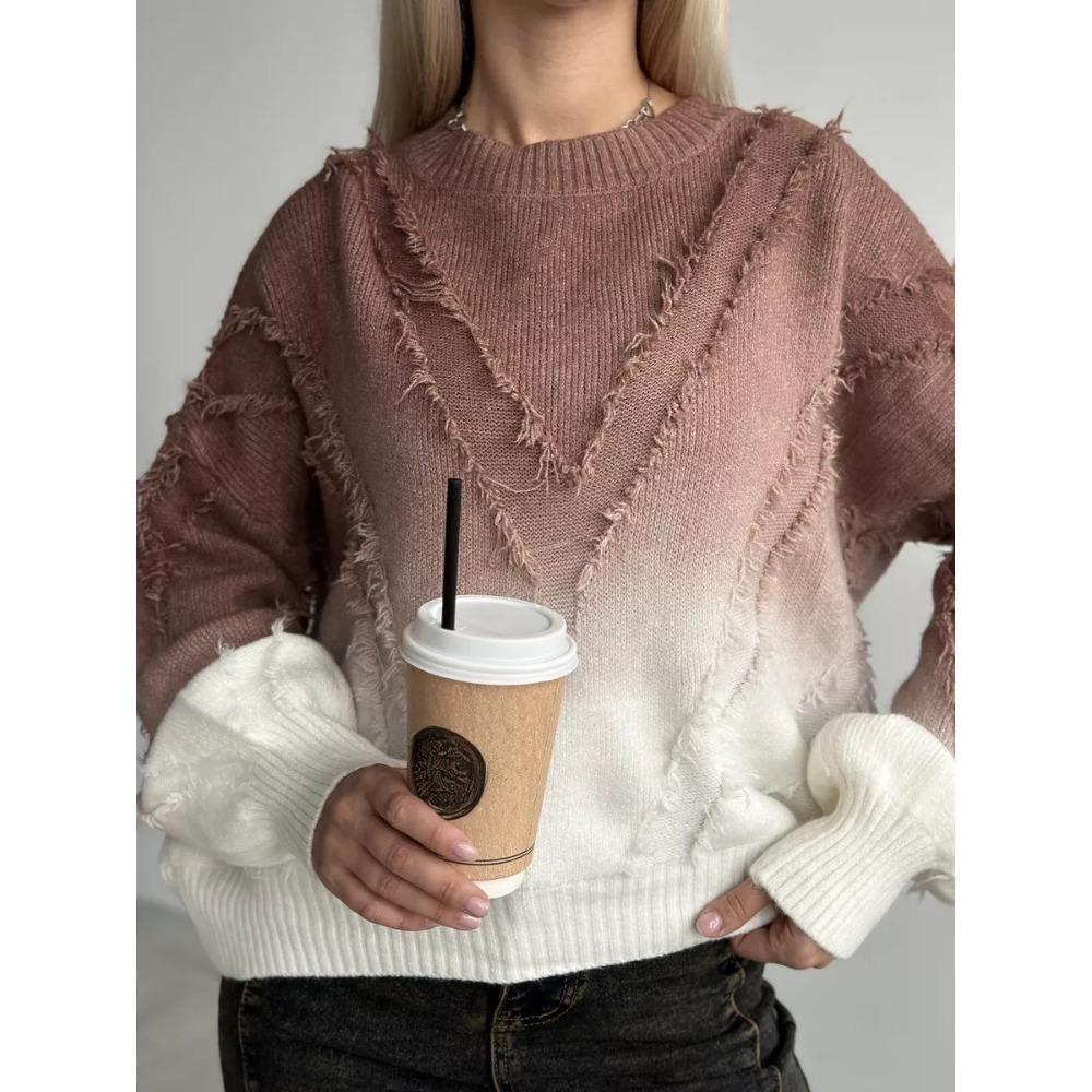 

Жіночий модний светр з градієнтною бахромою, елегантний вільний пуловер з круглим вирізом і довгими рукавами, 2024, осінь, жіночий вуличний одяг XL дубильна кора