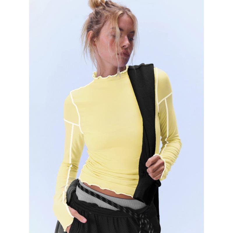 Women S Color Block Long Sleeve T Shirt Ruffled Mock Neck Slim Fit Top