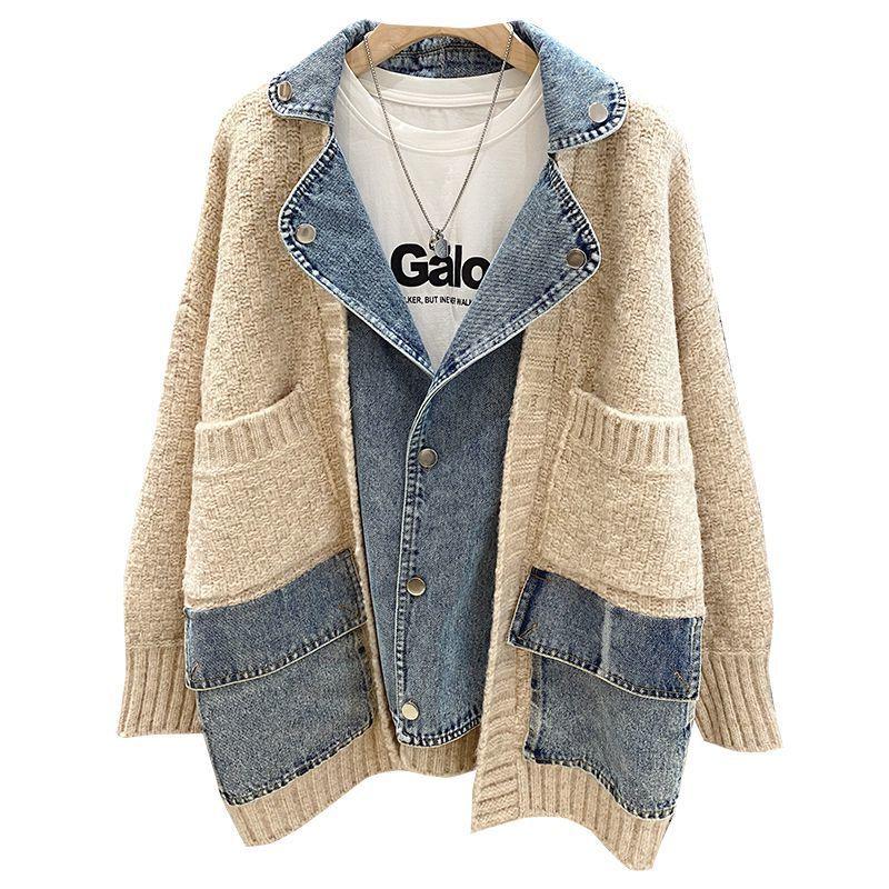 Giacca in denim con giunture di grandi dimensioni da donna, autunno inverno, donna, manica lunga, giacche in jeans, maglione largo da donna, stile pigro, cardigan lavorato a maglia