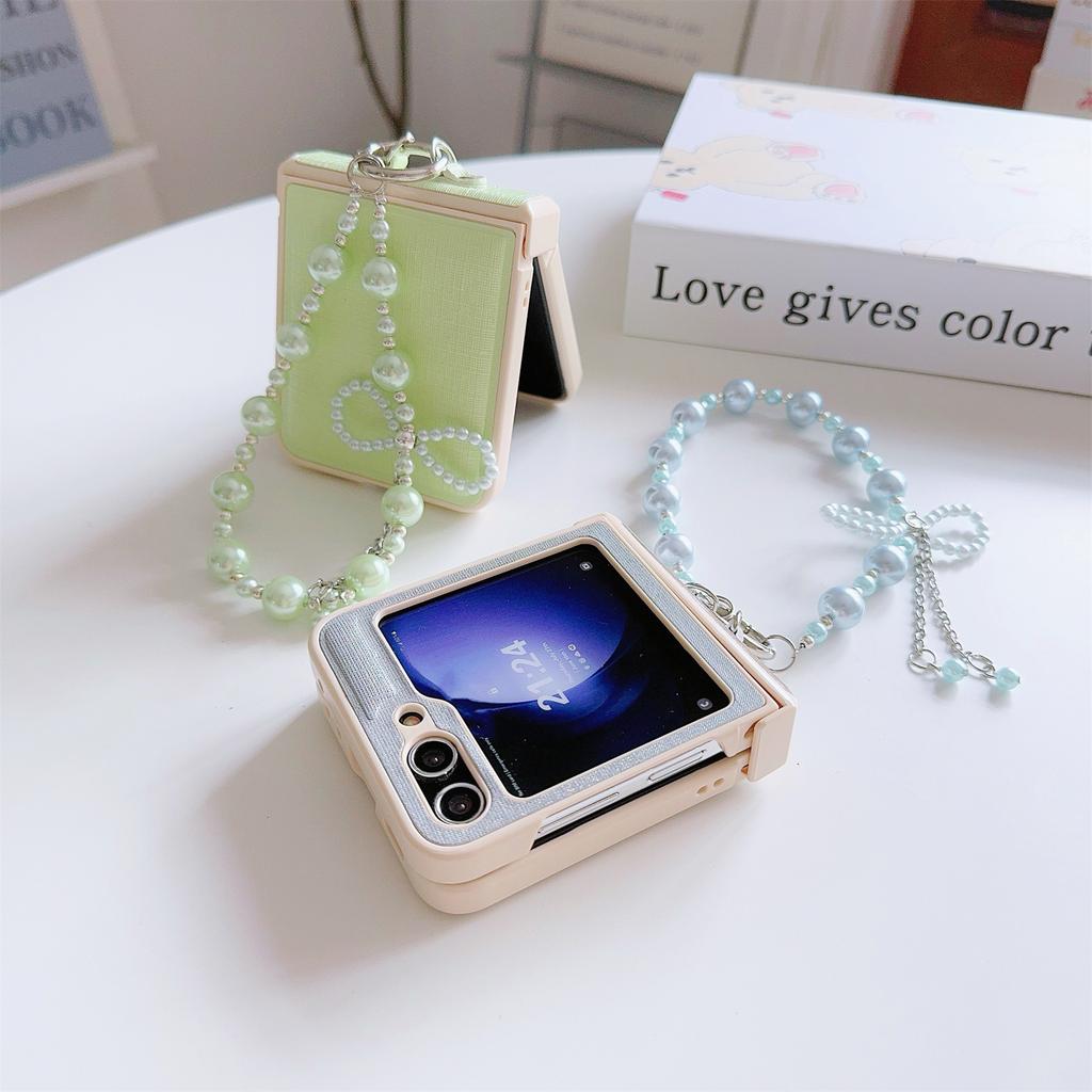 For Samsung Galaxy Z Flip7 FE 5G/Z Flip6 5G Case Hinge Protection Leather+PC Phone Cover with Beaded Phone Charm
