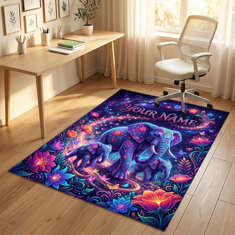 Elephant Theme Crystal Velvet Rug Personalized Custom Name Text Soft Floor Mat Home Decor