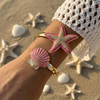 Creative Pearl Shell Starfish Cuff Enamel Ocean Vibe Metal Bracelet Gold Color Irregular Open Bangle Women