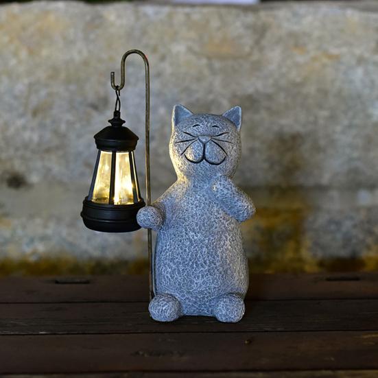Solar Cat Statue Holding Lantern Waterproof Resin Light Garden Kitty Sculpture Outdoor Kitten
