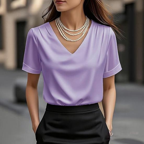 Damen T-Shirt Einfarbige Lockere Passform Glattes Satin V-Ausschnitt Kurzarm Oberteile Sommer Lässiges T-Shirt Tägliche Kleidung