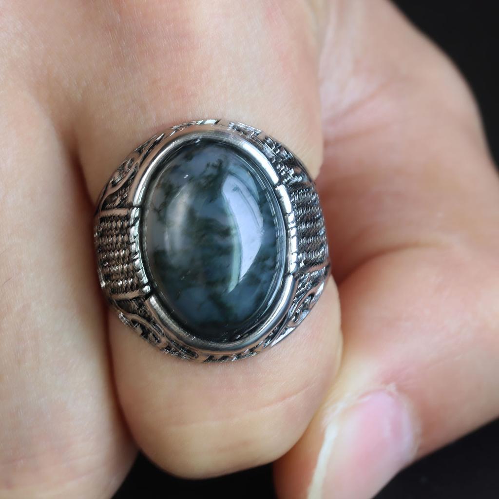 Aquatic Agate Stone Men's Fashion Jewelry Punk Hip Hop Silver Carved Ring