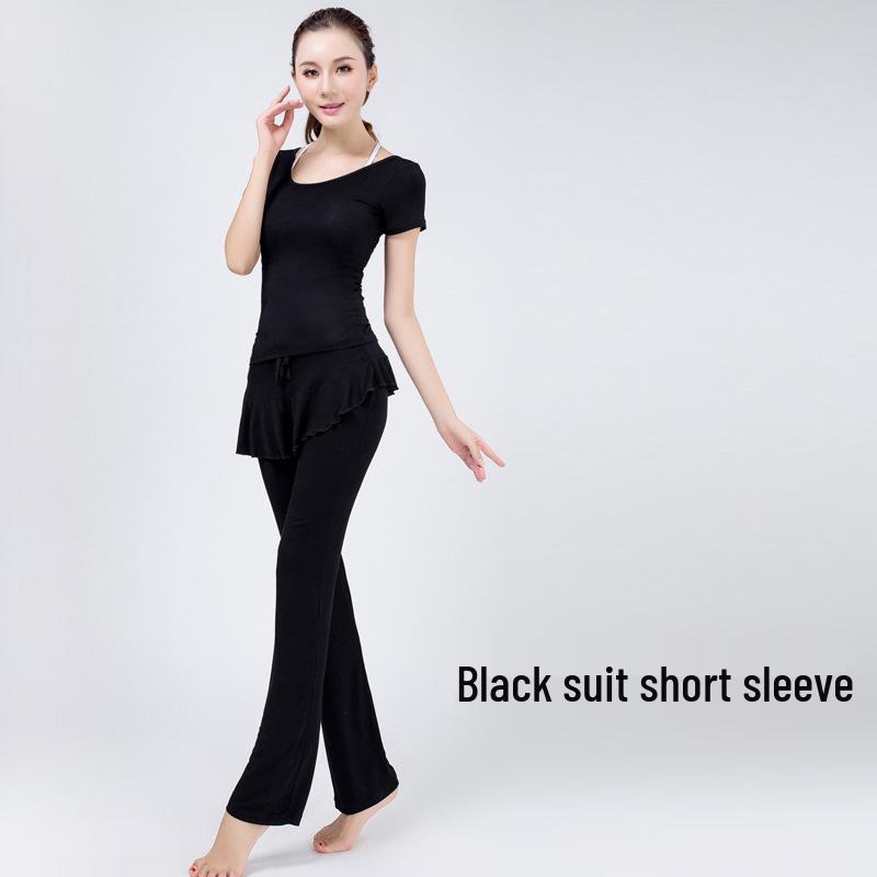 

Женский модальный комплект для йоги: Топ с коротким рукавом и юбка с оборкой по низу с нагрудными вкладышами. XL (110-120 lbs)