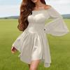 Off Shoulder Long Sleeve Flared Mini Dress for Women A Line Casual Fit Solid Print Soft Fabric Elegant Style