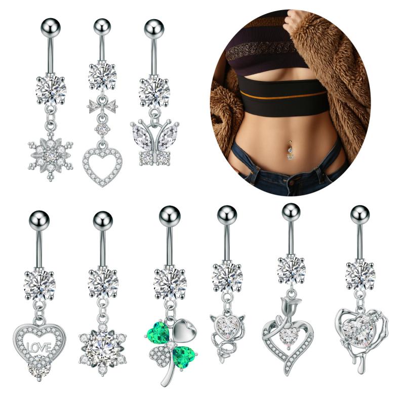 Butterfly Zircon Belly Button Rings Stainless Steel Heart Pendant Navel Piercing Barbell For Women Belly Ring Beach Jewelry
