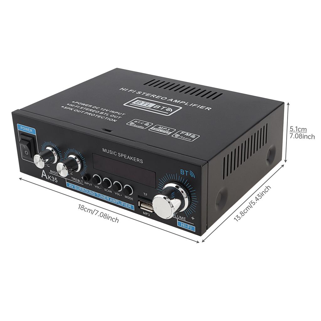 Bass & Treble Control Audio Power Amplifier,AK35 2 Channel Stereo Power Digital Audio Power Amplifier for Car / Home with USB/SD AUX Input