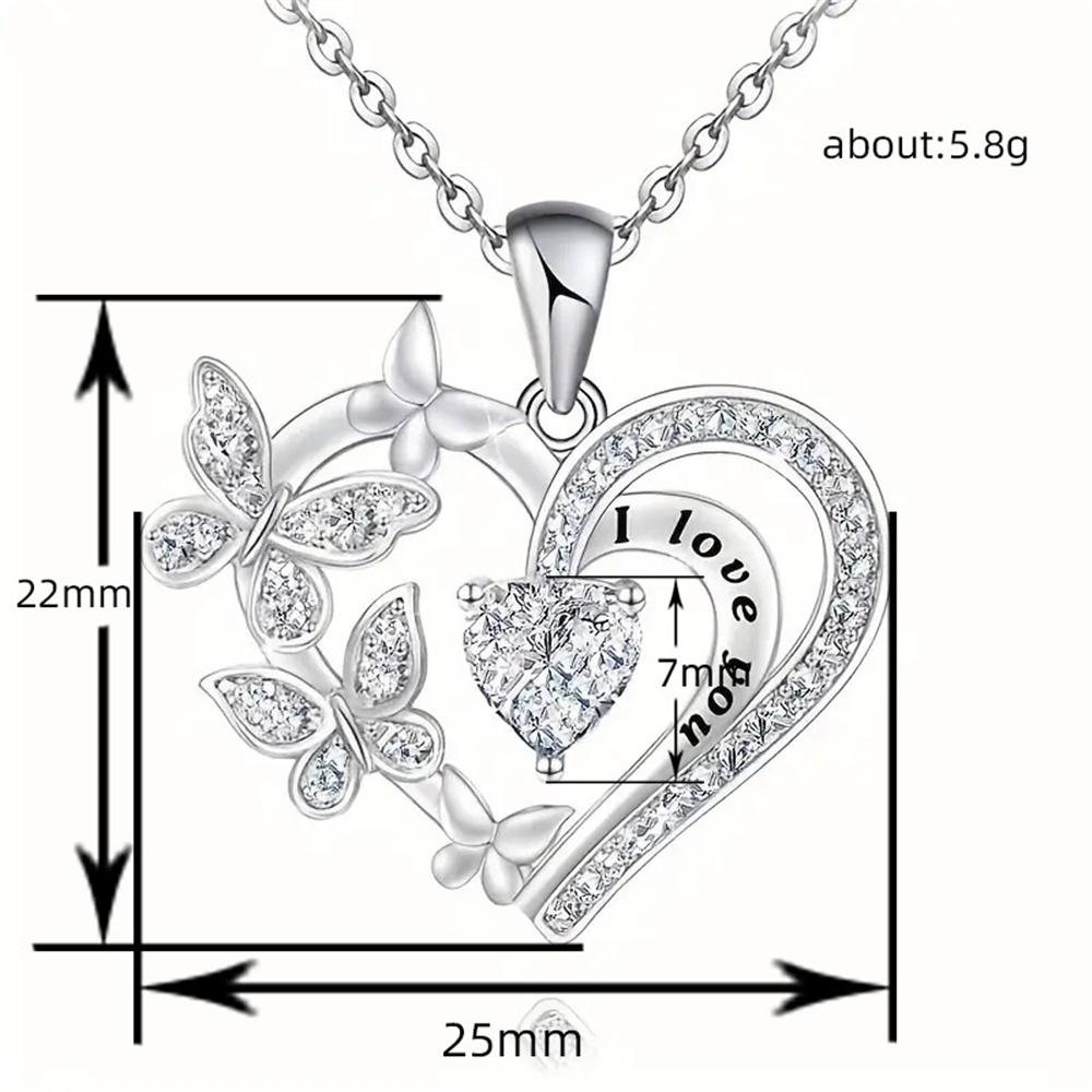 Female Crystal White Purple Zircon Stone Heart Butterfly Pendant Necklace Vintage Silver Color Wedding Jewelry For Women