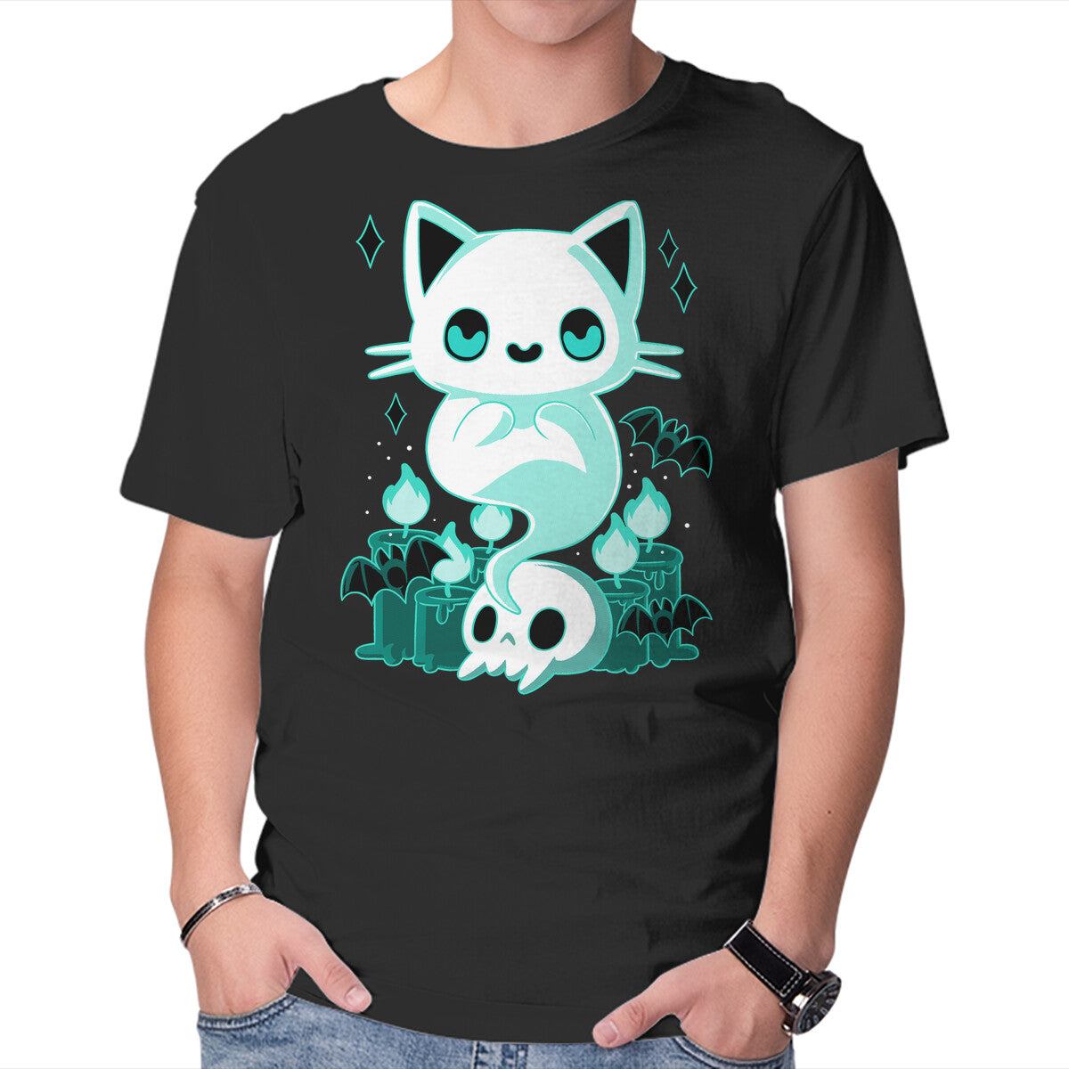 Unisex Crew Neck T-Shirt Ghost Cat Graphic Short Sleeve Casual Tee L