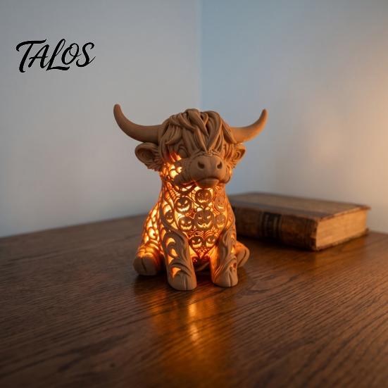 Decorative Table Lamp Highland Cow Tea Light Candle Holder, 3D Printed Figurine with LED Unique Home Accents Light, Warm Tabletop Decor for