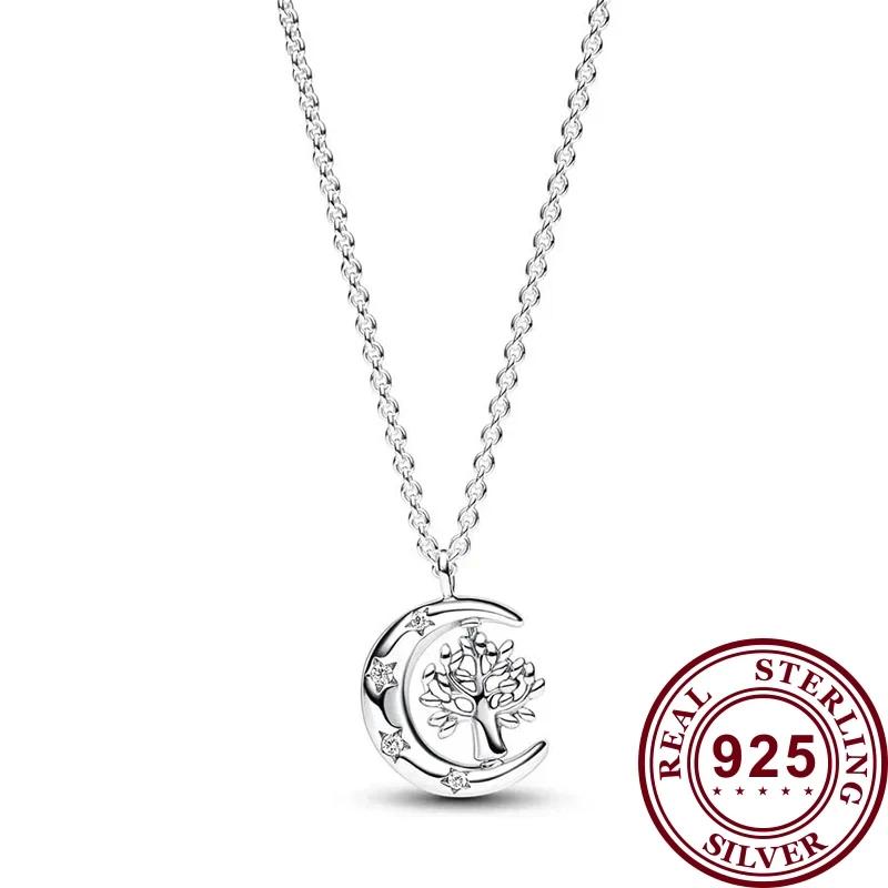 New S925 Sterling Silver Ladies Exquisite Spinning Life Tree Blue Pear Flower Logo Moon Necklace Festival DIY Charm Jewelry Gift
