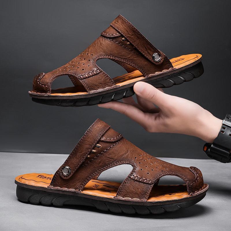 Cool Slippers Men'S Outdoor Fashion Cowhide Beach Shoes Breathable Bag Head Hole Shoes