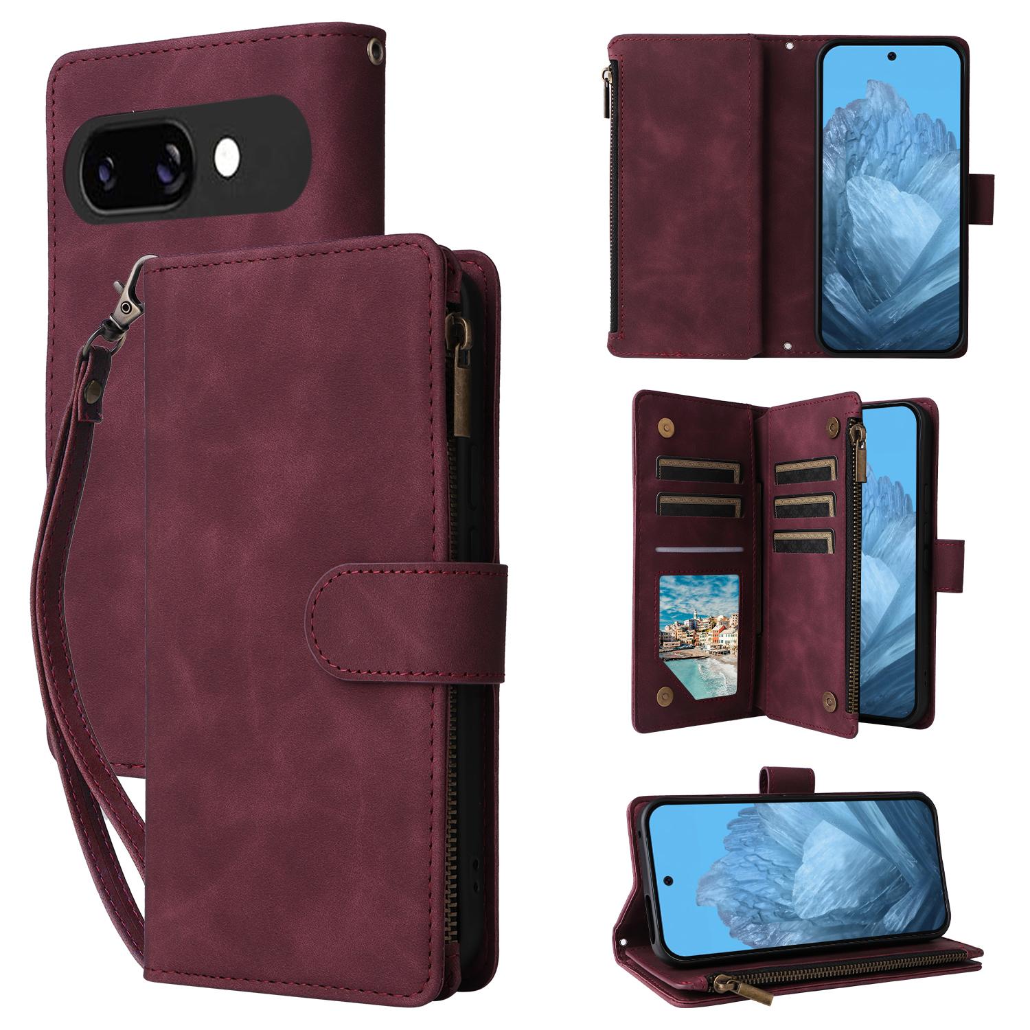 

For Google Pixel 9a Case Zipper Wallet Multiple Card Slots Leather Phone Cover Wine Red