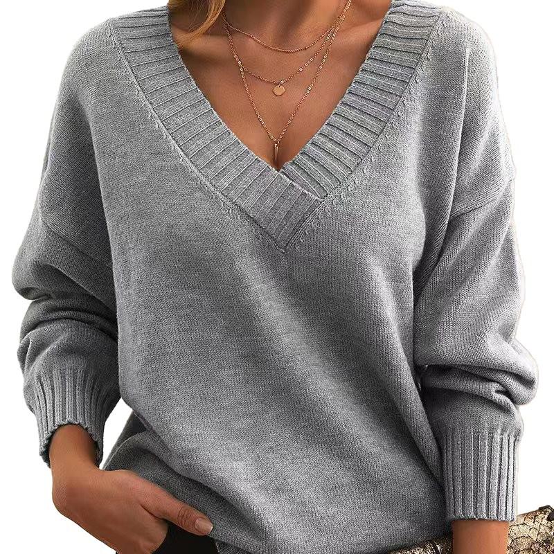 Europäischer & Amerikanischer Stil Damen V-Ausschnitt Locker Geschnitten Gestrickter Pullover