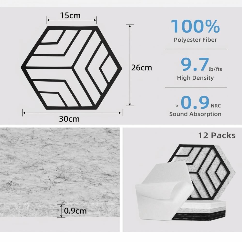 1 Set Durable Polyester Fiber Acoustic Panel Hexagonal Decorative Soundproof Wall Panel Sound Absorbing Board Acoustic Treatment
