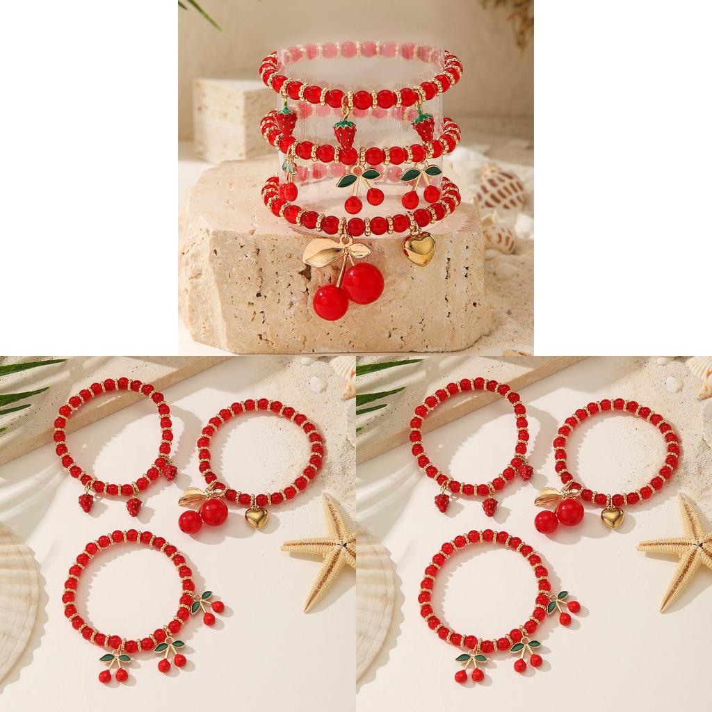 Love Heart Strawberry Cherry Pendant Beaded Bracelet With Multilayer Design For Women