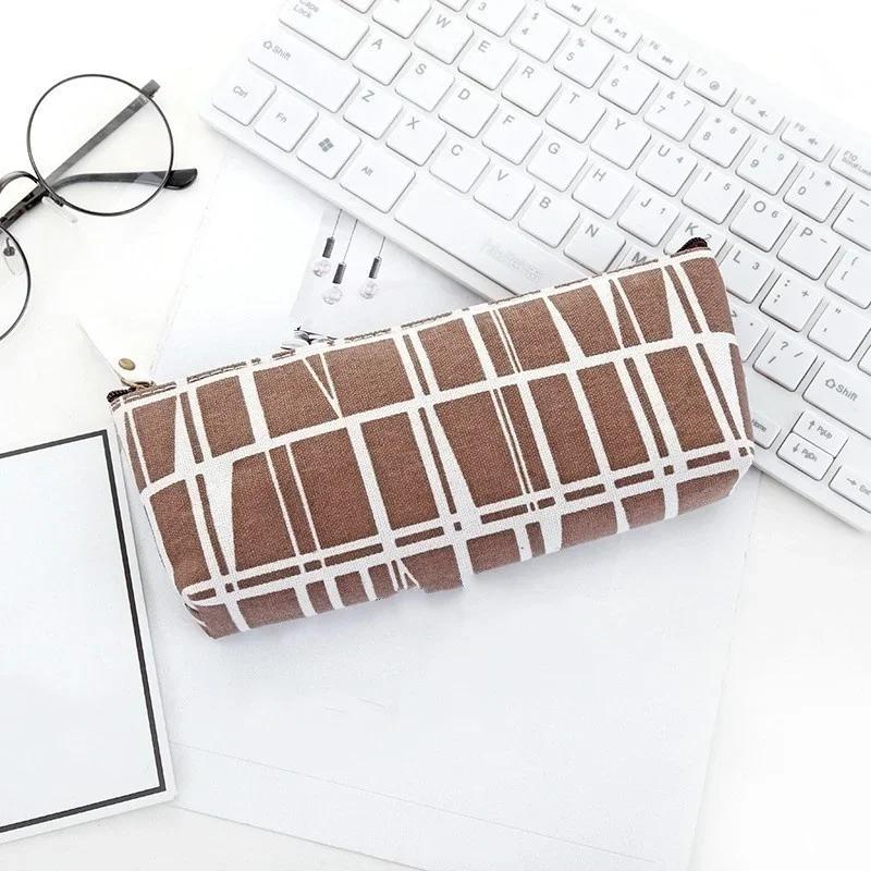 Canvas Pencil Case School Simple Striped Grid Pencilcase Office Stationery Pen Bag Students Pencils Writing Supplies Gift