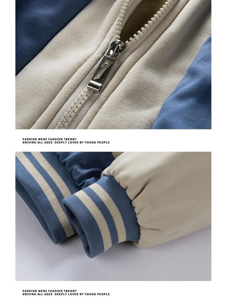 Men's Hong Kong Style Color Block Hooded Baseball Jacket - Trendy Brand, Faux Two-Piece, Plus Velvet Warmth, 2023 Edition
