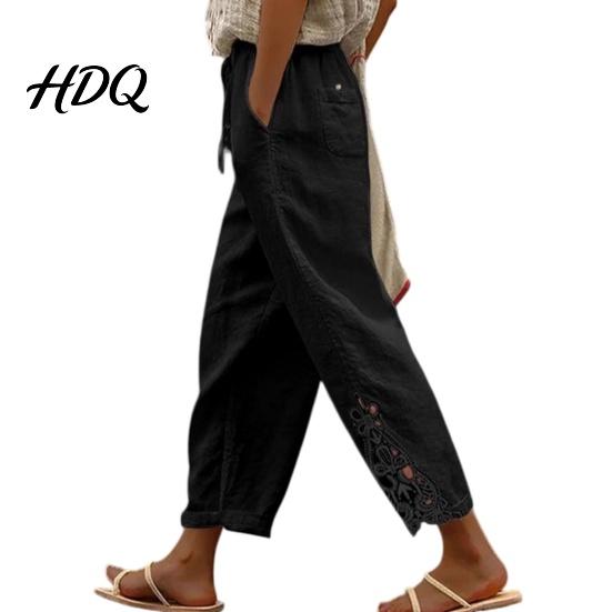 Loose Fit Women Trousers Pants Drawstring Adjustable Waistband High Waist Summer Pure S чёрный