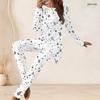 Women Plus Size Abstract Printed Two Piece Pants Set Round Neck Long Sleeve Longline Top Fitted Pants