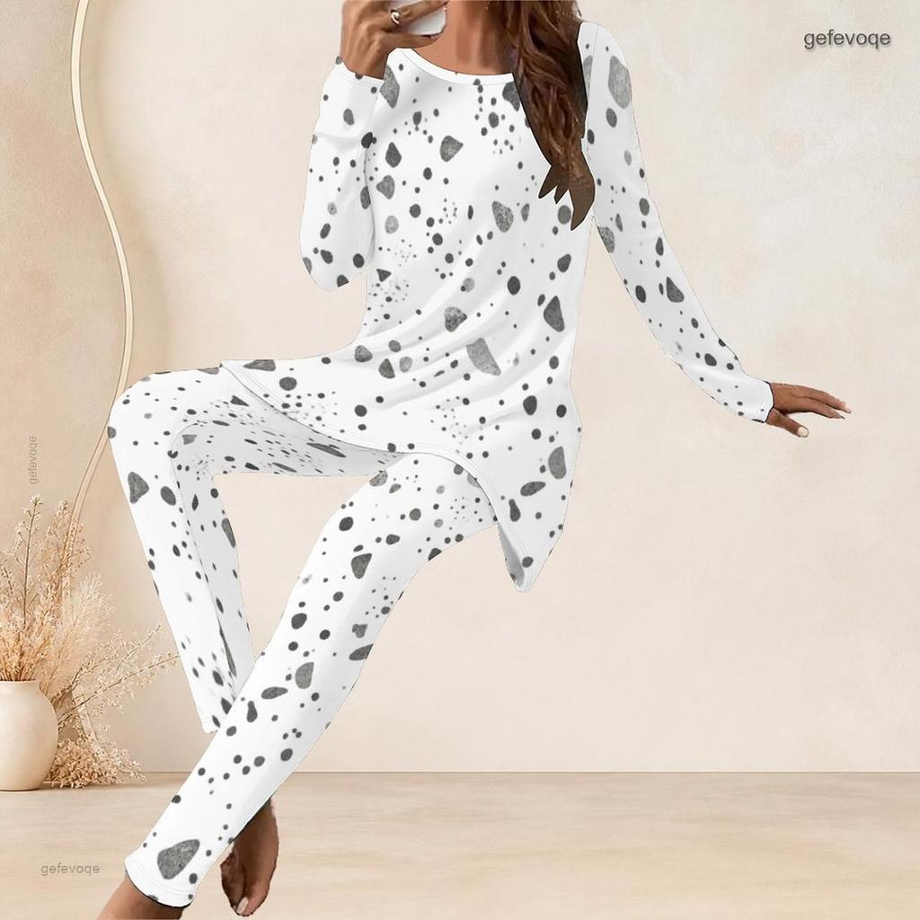 Women Plus Size Abstract Printed Two Piece Pants Set Round Neck Long Sleeve Longline Top Fitted Pants