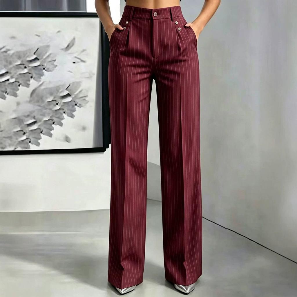 Women's Striped Loose Fit Straight Leg Dress Pants with Pockets and Button Closure for Casual and Wear