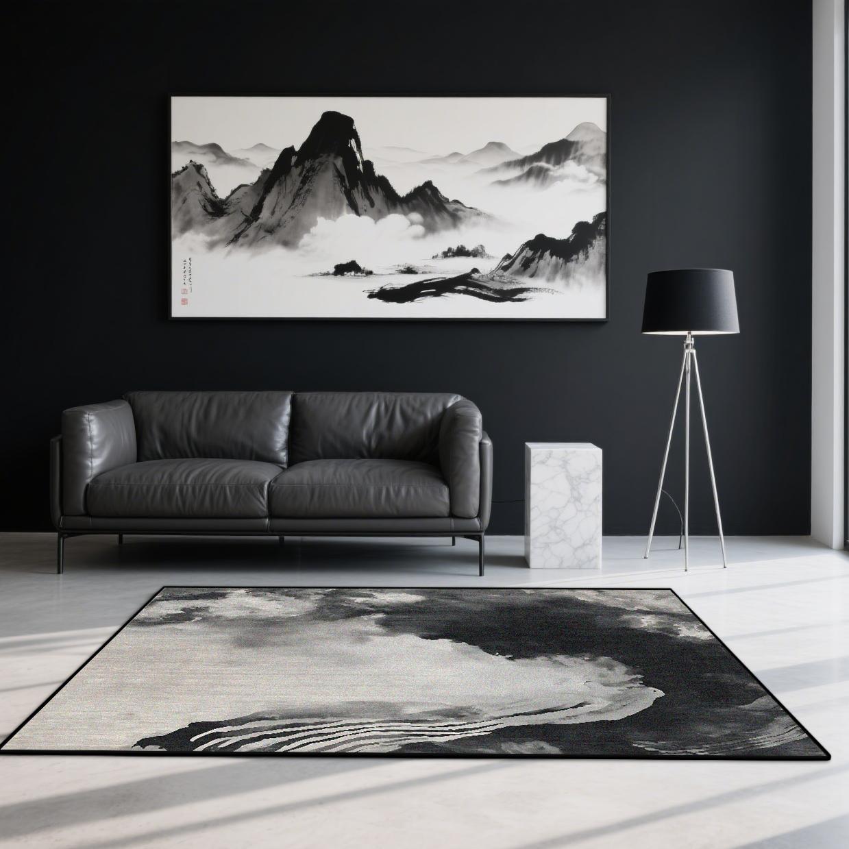 

Chinese Black White Ink Wash Carpets Non Slip Soft Washable Floor Mat for Living Room Bedroom Lounge Easy Clean Decor 60*90cm