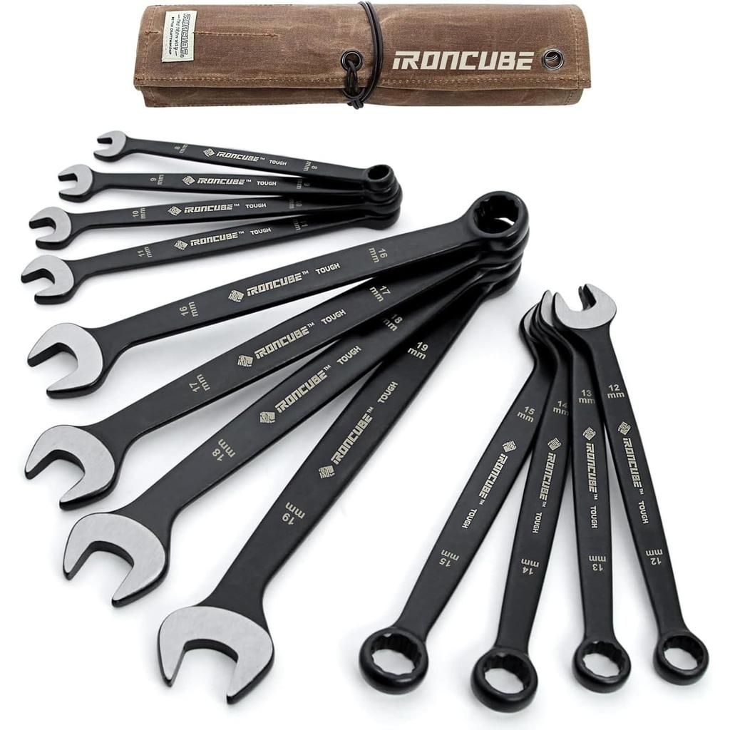 IRONCUBE 12-Piece Combination Wrench Set, 8-19mm, CR-V Material, Tough Black, with Waxed Canvas Storage Bag, for Motorcycle Maintenance