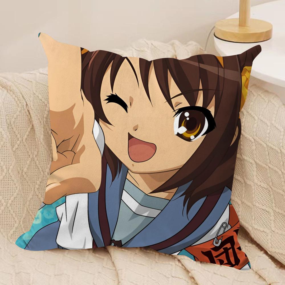 The Melancholy of Haruhi Suzumiya Cushion Cover Soft Plush Fabric Double-Sided Printed Sofa Cushion Cover for All Seasons Decor